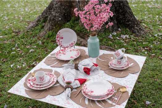 Aparelho de Jantar, Chá e Sobremesa 20 Peças Biona Jardim Oriental em Cerâmica – Branco/Vermelho