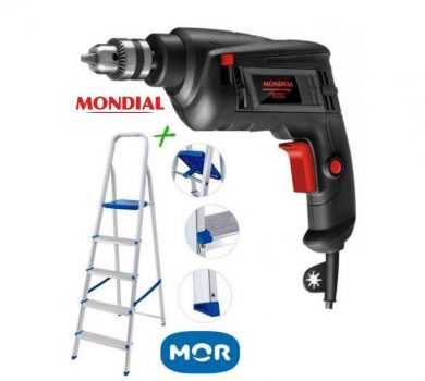 Furadeira de Impacto Mondial 550W 1 Velocidade - 3/8” FI-09 + Escada 5 Degraus de Alumínio Mor