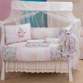 Kit Berço Glamour Ursa Realeza Floral, Padrão Americano, 10 Peças, Laura Baby, Rosa