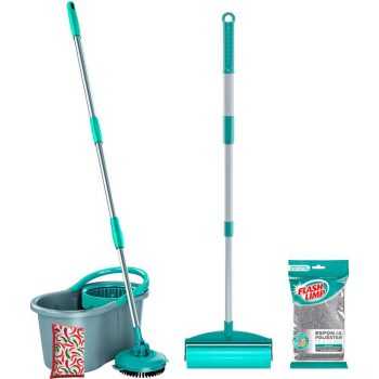 Mop Fit Giratório 3 em 1 com Esponja Multiuso + Rolo Adesivo Lavável para Sofás e Tapetes + Esponja Multiuso - Fun Clean