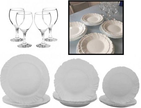 Aparelho de Jantar com Taça 16 Peças Duralex - Redondo Branco Pétala