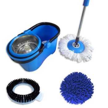 Balde Mop Esfregão Com Cesto Inox Cabo 1,60 Metros Com 3 Refis Microfibra, Limpeza Pó, Limpeza Pesad
