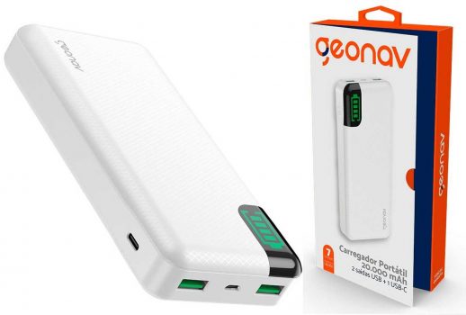 Carregador Portátil Universal Geonav, 20000 mAh, Branco - PB20KWT