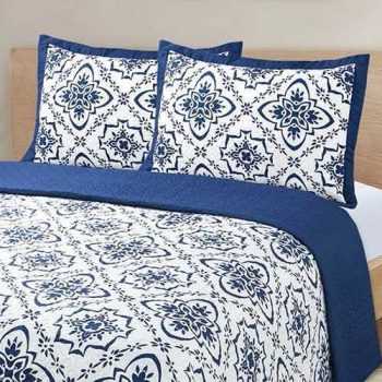 Colcha Boutis Casal Agata com 2 Porta-Travesseiros Azul Marinho Azulejos - basic+