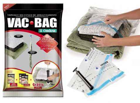 Conjunto Armazenamento à Vácuo, Vac Bag, 1 Saco Médios (45cmx65cm), 2 Sacos Grandes (55comx90cm) + Bomba Plástica, Ordene