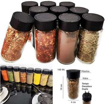 Kit 10 Potes Tempero De Vidro Tampa Dosadora Dupla + Brinde