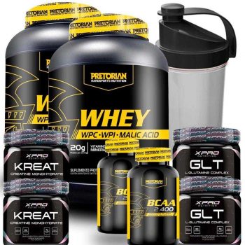 Kit 2x Whey Pretorian + 2x Bcaa + 2x Creatina + 2x Glutamina + Shaker