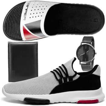 Kit Tênis Caminhada Masculino SapatoFran em Nylon Branco com Chinelo, Carteira e Relógio