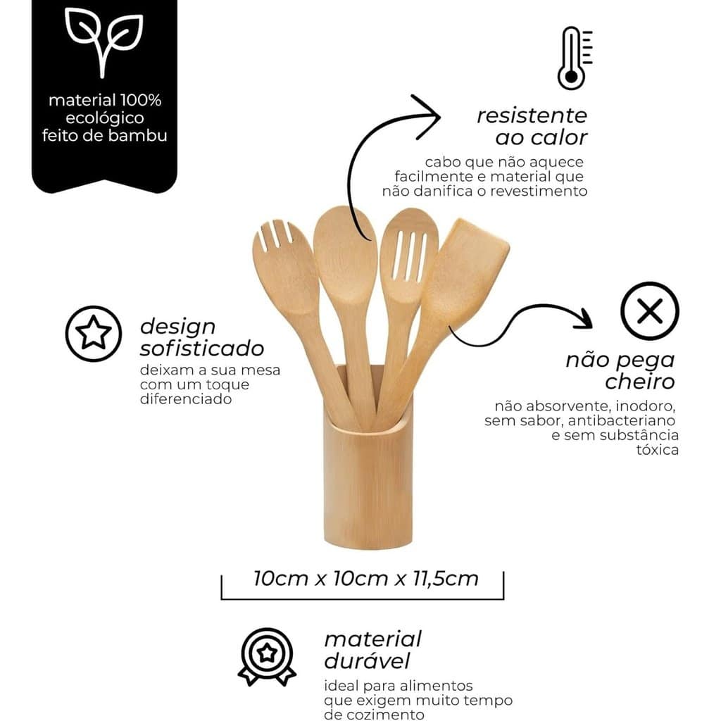 Mimo Style Kit de Utensílios 5 Peças Ecokitchen, Produzido em Bambu 100% Ecológico, Utensílios Resistentes ao Calor, Não Danificam o Revestimento Antiaderente