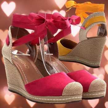 Sandália Anabela Via Uno Espadrille Amarração Feminina  (Amarelo/Pink)