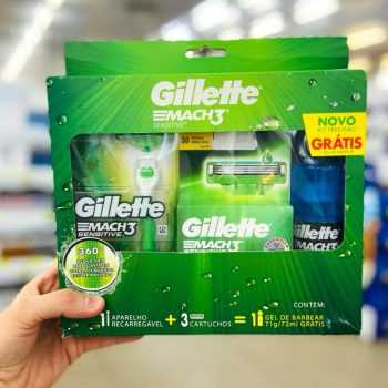 Kit Aparelho de Barbear Gillette Mach3 Acqua-Grip - Sensitive 2 Cargas Gel Mach3 Complete Defense 72ml ou Kit de Barbear Gillette - Mach3 Aqua-Grip