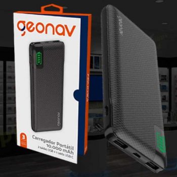 Carregador Portátil Universal 10.000Mah, 2 Portas Usb + 1 Porta Usb-C, Led Indicador de Bateria, Preto, Pb10Kbk,Geonav