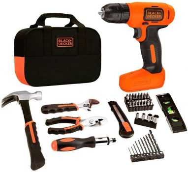 Parafusadeira / Furadeira 8V Lítio Ion com 54 Peças com Bolsa, Black+Decker
