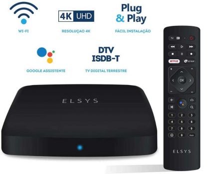 Receptor de TV Via Internet Streaming Box Elsys, Android TV - ETRI02, 4K e Conversor de TV Digital