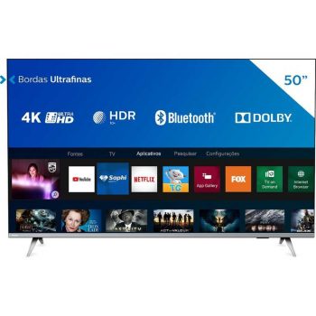 Smart TV LED 50'' Philips 50PUG6654/78 Ultra HD 4k, Design sem Bordas HDR10+ Dolby Vision Dolby Atmos Bluetooth 3 HDMI 2 USB 60 HZ - Prata