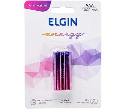 Pilha Recarregável Ni-MH AAA-1000mAh blister com 2 pilhas, Elgin, Baterias
