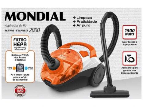 Aspirador de Pó Mondial Filtro HEPA 1500W - Hepa Turbo 2000 Laranja e Branco