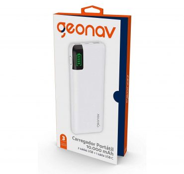 Carregador Portátil Universal 10.000Mah, 2 Portas Usb + 1 Porta Usb-C, Led Indicador de Bateria, Branco, Pb10Wt,Geonav