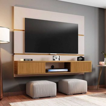 Painel Âmbar para TV até 65″ Polegadas Off White e Cinamomo 3D Ripado Móv Bechara