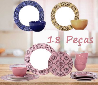 Aparelho de Jantar 18 Peças Cerâmica Bandana Rosa - Classic Home   3 cores