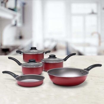 Conjunto de Panelas 5 Peças Brinox Ruby com Revestimento Interno Antiaderente Pro-Flon e Tampas de Vidro com Saída de Vapor - Vermelho