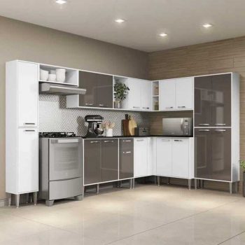 Cozinha Completa com Armário e Balcão com Tampo 9 peças Xangai Rock Multimóveis Branca/Lacca Fumê