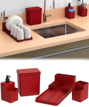 Kit Pia Cozinha Vermelho Coza Single 4 Peças.