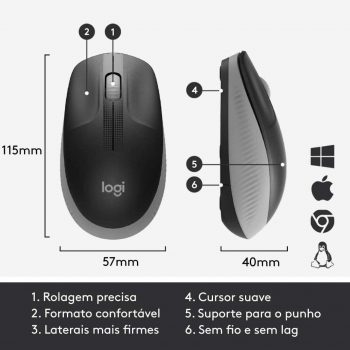 Mouse sem fio Logitech M190 com Design Ambidestro de Tamanho Padrão, Conexão USB e Pilha Inclusa