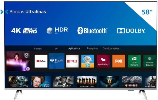 Smart TV Philips 58" 58PUG6654/78 4K UHD HDR10+ Dolby Vision Dolby Atmos Bluetooth WiFi 3 HDMI 2 USB - Prata Bordas ultrafinas