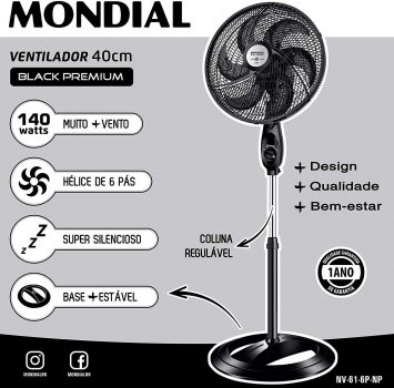 Ventilador de Coluna Mondial Maxi Power - NV-61-6P-NP 40cm 3 Velocidades