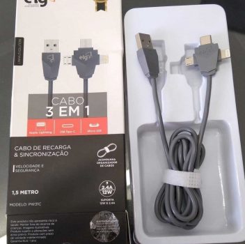 Cabo 3em1 para Recarga e Sincronização – Apple Lightning + Usb Tipo-c + Micro Usb – 1, 5m – Pw31c – Elg, Elg, Pw31c, Cinza