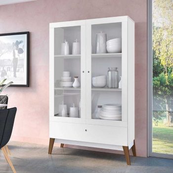 Cristaleira 2 Portas de Vidro C/ Gaveta Retrô Brilho – GenialFlex - Branco