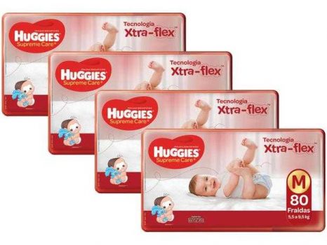 Kit Fraldas Huggies Supreme Care - Tam. M 5,5 a 9,5kg 4 Pacotes com 80 Unidades Cada