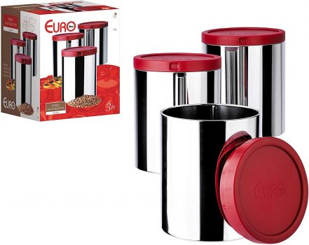Porta Mantimentos com Tampa, 3 peças, Inox, Vermelho,Euro