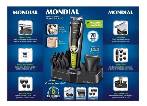 Aparador de Pelos Mondial Super Groom 6 em 1 BG-04 Sem Fio Preto/Verde - Bivolt
