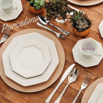 Aparelho de Jantar e Chá em Porcelana, 20 Peças, Modelo Octogonal Prisma, Branco, Porcelana Schmidt