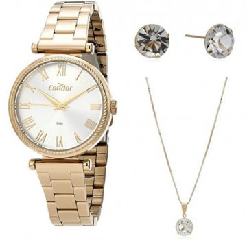 Condor Kit Relógio Dourado Feminino com Joias Brincos e Corrente