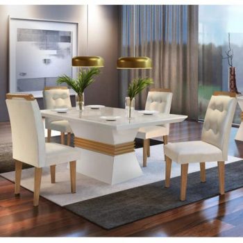 Conjunto Sala de Jantar Mesa 4 Cadeiras Luísa Espresso Móveis Veludo Creme/Off White/Imbuia - Espresso Móveis