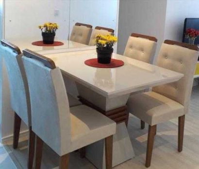 Conjunto Sala de Jantar Mesa 4 Cadeiras Luísa Siena Móveis Veludo Creme/Off White/Imbuia