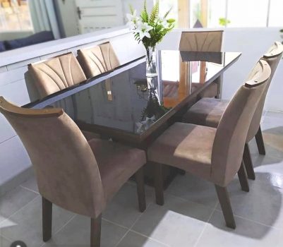 Conjunto Sala de Jantar Mesa Tampo MDF Vidro 6 Cadeiras Leblon Tik Plus Espresso Móveis Castanho/Tampo Preto