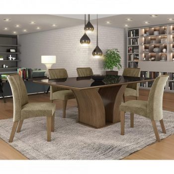 Conjunto Sala de Jantar Mesa Tampo MDF/Vidro 6 Cadeiras Leblon Tik Plus Espresso Móveis Castanho/Tampo Preto