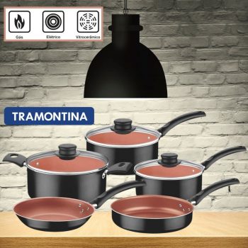 Jogo de panelas Tramontina 5 peças alumínio tampa vidro temperado Turim preto