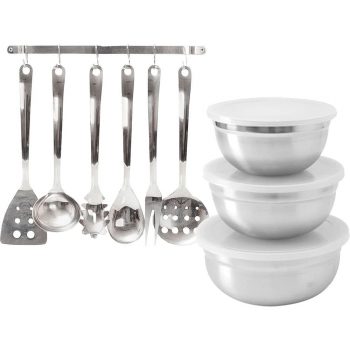 Jogo de Potes Inox com Tampa 3 peças + Jogo de Utensílios Inox 6 peças - La Cuisine