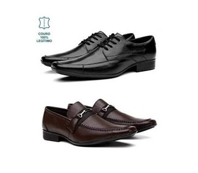 Kit 2 Pares Sapato Social de Couro Preto e Marrom com Solado de Borracha Costurado