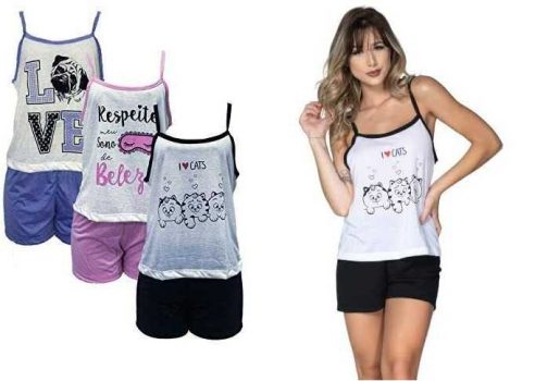 Kit 3 Pijama Vekyo Feminino Short Doll Regata Juliana