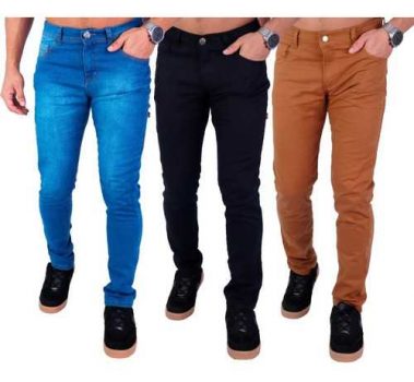 Kit com 3 Calças Masculinas Skinny Jeans/Sarja