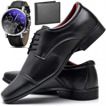 Kit Sapato Social Com Relógio Cinto Carteira Verniz Com Cadarço ZARU R807DB