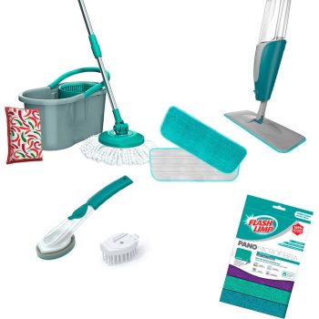 Mop Spray com 2 Refis + Mop Fit Giratório 3 em 1 com Esponja Multiuso + Conjunto de Esponja e Escova com Dispenser e 3 Panos Mulituso - Fun Clean