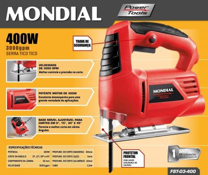 Serra Tico-Tico FST03 Mondial com Base de Corte e Base Móvel Ajustável 400W - Preta/Vermelha