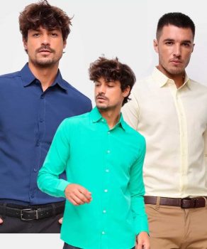 3 UNIDADES Camisa Social Milano Manga Longa Masculina – Marinho